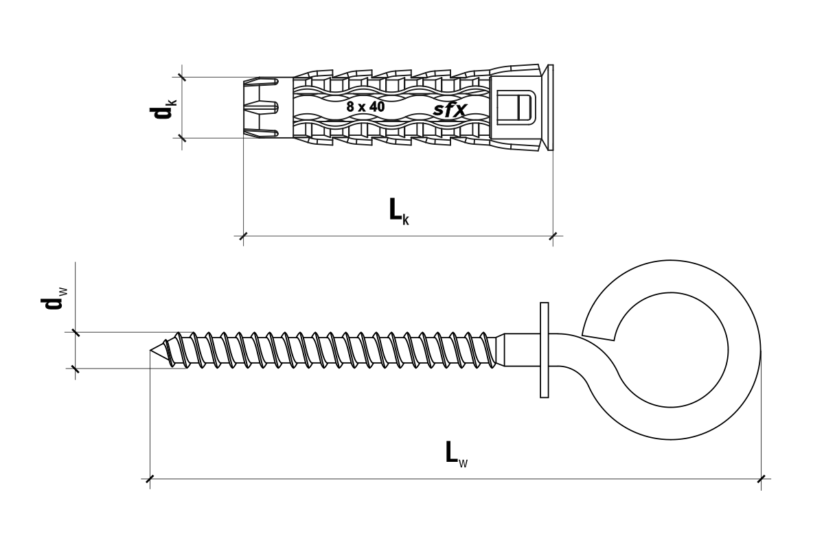 Technický výkres rozměrů – 8x40/85mm - 25 ks - Hmoždinka uzlovací s okem, SFXO