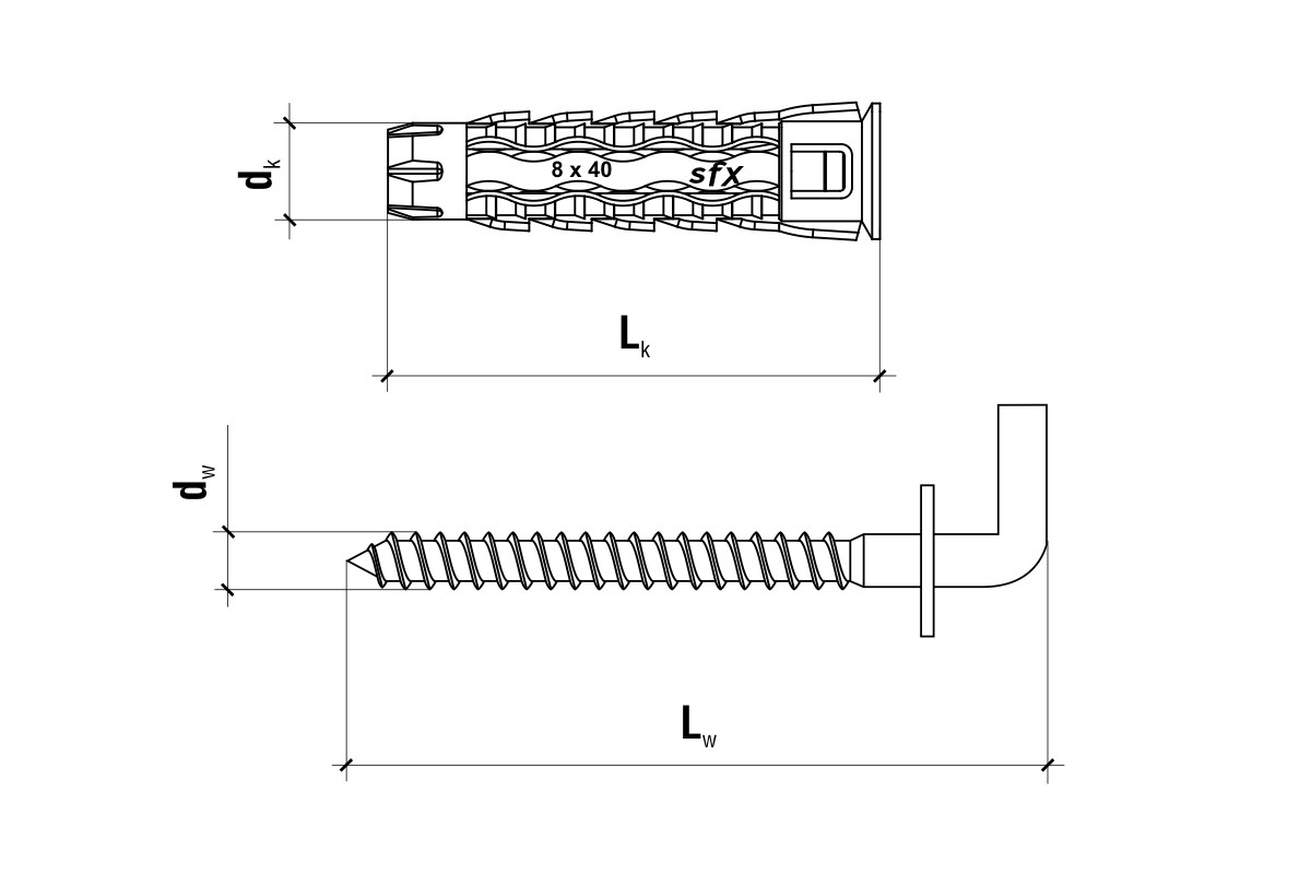 Technický výkres rozměrů – 6x30/48mm - 50 ks - Hmoždinka uzlovací s rovným hákem, SFXL
