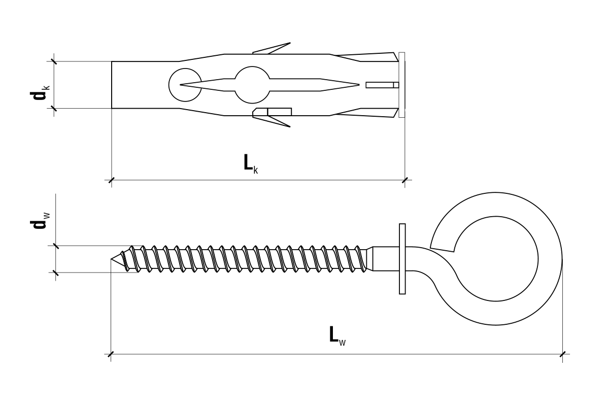 Technický výkres rozmerov – 8x84mm - 4 ks - Univerzálna rozperná hmoždinka s okom, BRUO