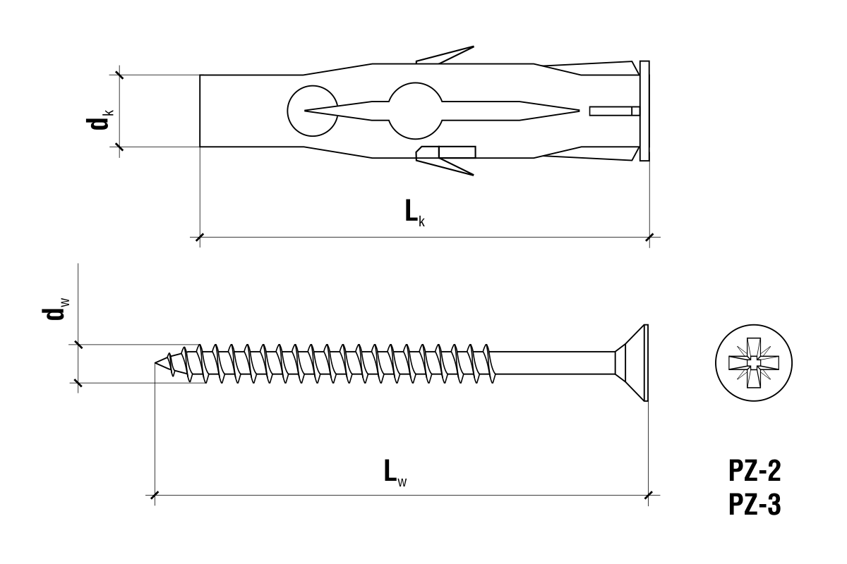 Technický výkres rozmerov – 8x60mm - 8 ks - Univerzálna rozperná hmoždinka so skrutkou, BRU