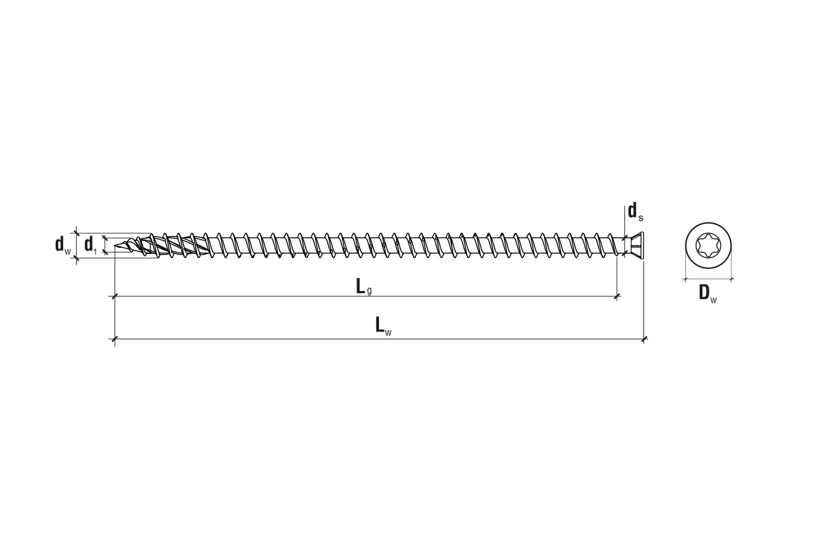 Technický výkres rozmerov – 8x300mm - 1 Kartón (4x50 ks) - Konštrukčná skrutka s plným závitom a zápustnou hlavou TX, WKFS