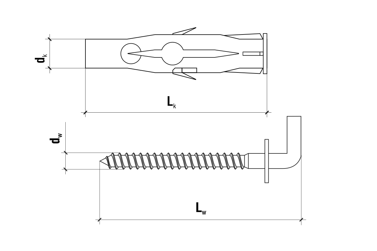 Technický výkres rozmerov – 6x48mm - 6 ks - Univerzálna rozperná hmoždinka s rovným hákom, BRUL