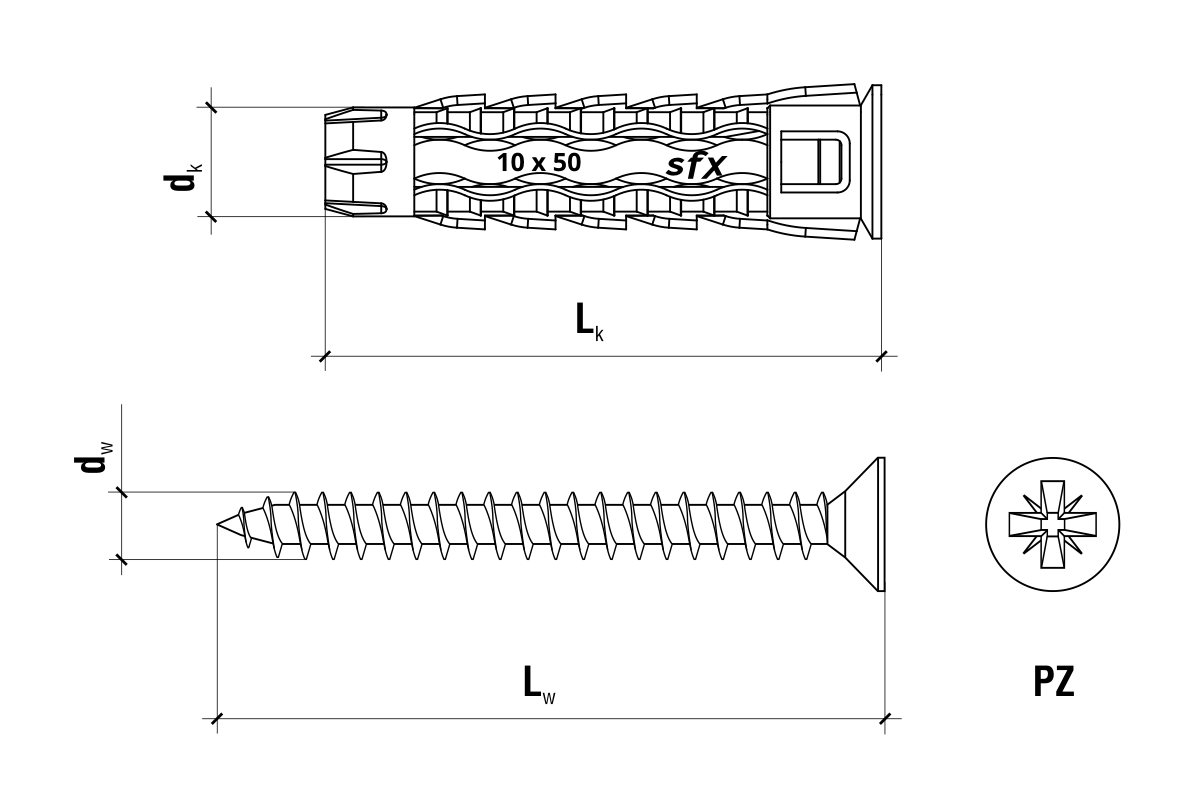 Technický výkres rozměrů – 8x40x60mm - 8 ks - Uzlovací hmoždinka s vrutem se zápustnou hlavou, BSFXP